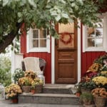 Front porch of village house decorated with potted flowers and wicker chair, tree branches framing entrance, autumn plants arranged on wooden steps, rural outdoor setting